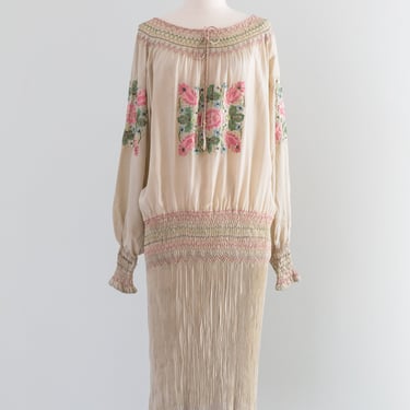 Rare 1920's Embroidered Hungarian Silk Peasant Dress With Crystal Pleated Skirt / Med.