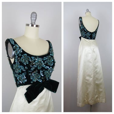 Vintage 1960s formal dress, gown, beaded, sequins, full length, silk, cocktail 