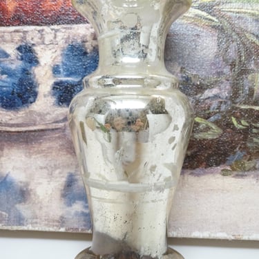 Antique Victorian Hand Blown Mercury Glass Vase, Vintage Hand Painted Flowers 