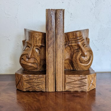 Unique Hand Carved Vintage Wooden Theatrical Faces Tragedy and Comedy Book Ends 