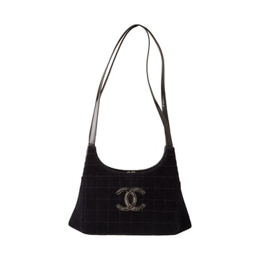 Chanel Navy Corduroy Quilted Logo Shoulder Bag