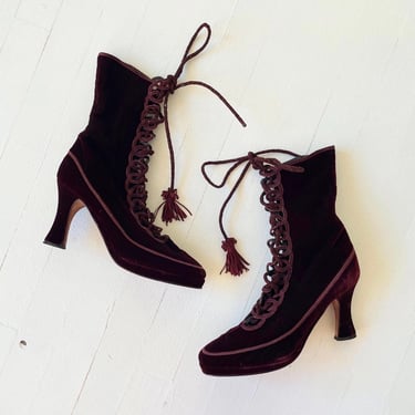 Vintage Donna Karen Burgundy Velveteen Lace-Up Boots 