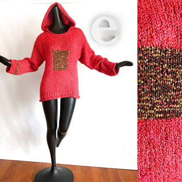 Handmade MOD Pink Hooded Sweater | Watermelon Coral Rose | One of a kind Hand Knit Hoodie |  | Boho Hippie Fashionista |  Original Design L 