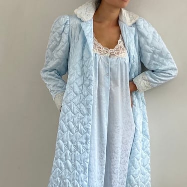 80s Dior bathrobe / vintage baby blue quilted Christian Dior maxi dressing gown robe bathrobe duster | Medium 
