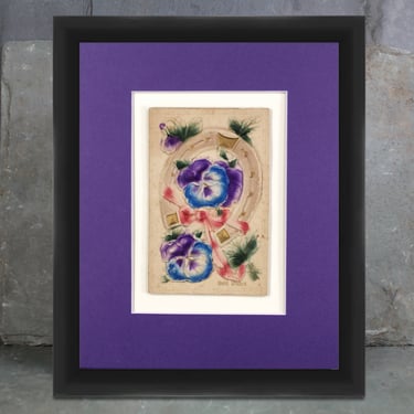 1900s Birthday Card Mounted and Matted | Purple & Blue Violets | Vintage Art | Fits in Standard 8x10 Frame | UNFRAMED 