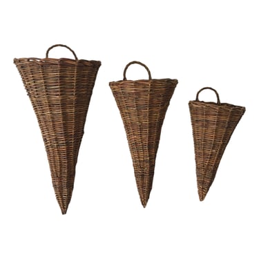 Set of 3 Vintage Natural Woven Wicker Wall Vases | Boho Bamboo Rattan Wall Planters | Hanging Basket Pocket Vases | Dimensional Wall Decor 