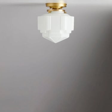 Clearance/ 2nds glass, Art Deco - flush mount - ceiling fixture - skyscraper - Brass light fixture - White glass 