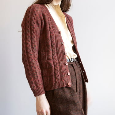 Vintage cable knit wool brick cardigan / sz S 