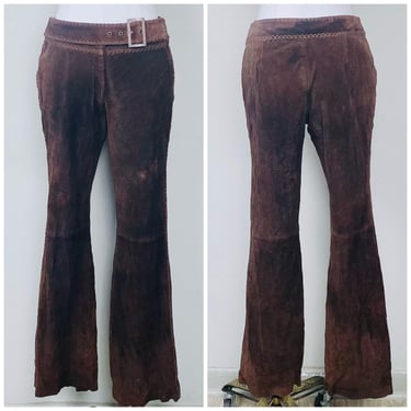 Y2K Vintage Chocolate Brown Suede Low Rise Pants / Leather Braided Belted Hip Hugger Flared Trousers / Medium 