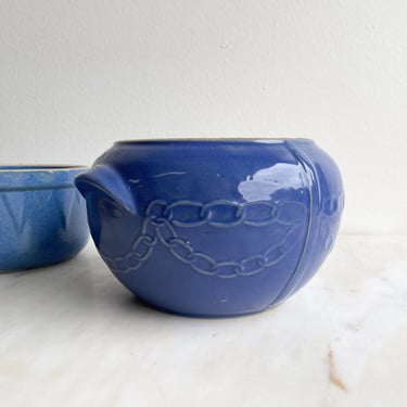 Vintage Cobalt Blue Bowl Monmouth Pottery Western Stoneware Bean Pot Chain Link Pattern Bowl Antique Stoneware Pottery Farmhouse Kitchen 