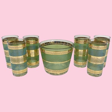 Vintage Culver Starlyte Ice Bucket and Highball Set Retro 1960s Mid Century Modern + Green and 22k Gold + Glass + Set of 7 + MCM Barware 