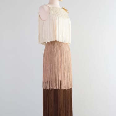 Fabulous 1960's Chocolate Coconut Fringe Evening Gown By Lilli Diamond / Medium