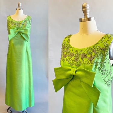 1960s Beaded Dress with Train / Green Beaded Gown / Silk Shantung Formal / 1960s Green Maxi Dress / Green Gown / Size Large 