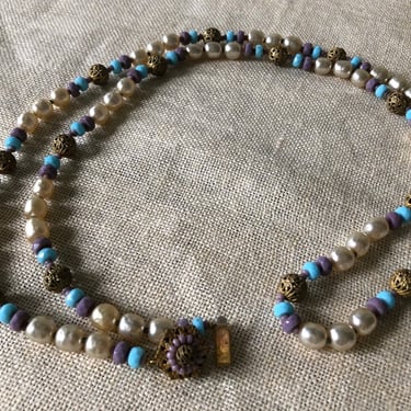 Signed Miriam Haskell necklace / vintage 50s Miriam Haskell signed opera length baroque pearl pastel turquoise bead long strand necklace 