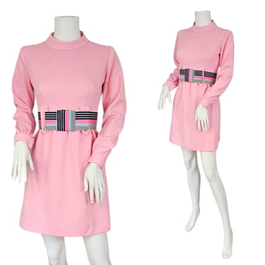 1960's Pink Poly Belted Mini Dress I Sz Med I Go-Go I MOD 