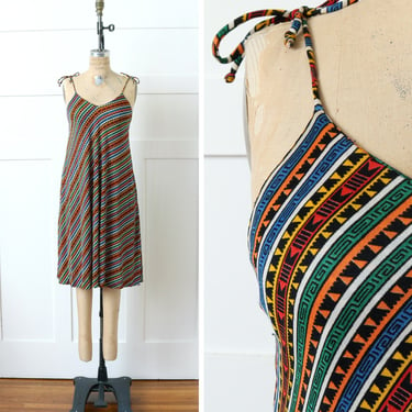 vintage 1970s short sundress • asymmetrical stripes tie shoulder tent dress 
