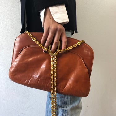 Vintage Brown Leather Shoulder Bag With Gold Chain Strap 