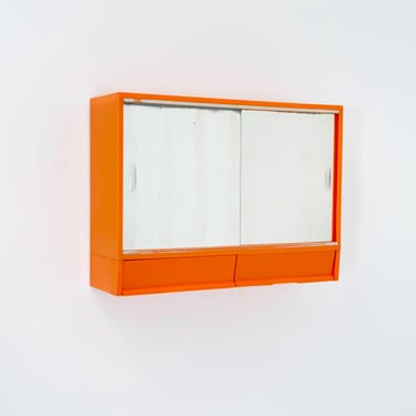 Vintage Space Age Orange Medical Cabinet with Mirror Sliding Door , Retro 1970s Germany 