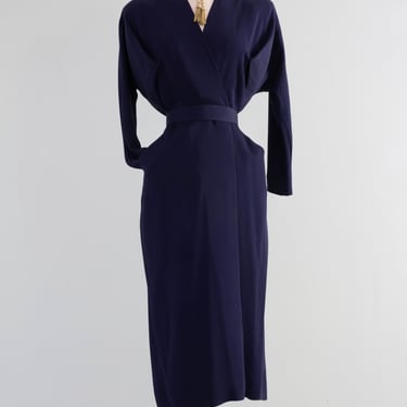 Sophisticated 1940's Dorothy O'Hara Navy Blue Rayon Wrap Dress / ML
