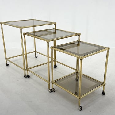 1970's Italian Brass & Smoked Glass Nesting Tables / Brass Coffee Tables / Vintage Side Tables / Serving Tables on Wheels 