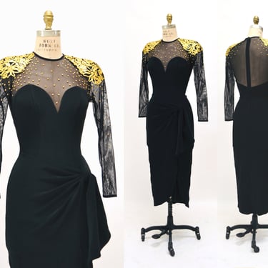 90s Black Knit Dress Gold Black Mesh Illusion Body Con Dress Size Small Medium Tadashi // Vintage Black 90s Party Dress Whitney Houston 90s 