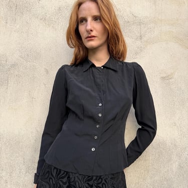 1970s Chloé by Karl Lagerfeld black silk blouse, buttoned front, long sleeves / extra small - small 