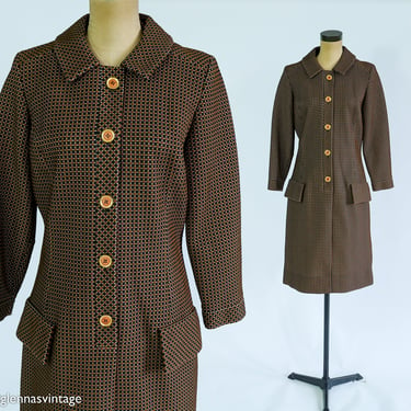 1960s Brown Double Knit Shift Dress | 60s Brown Shirt Dress | John Hogan | Large 