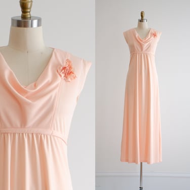 peach maxi dress 70s vintage pastel orange sleeveless floor length gown 