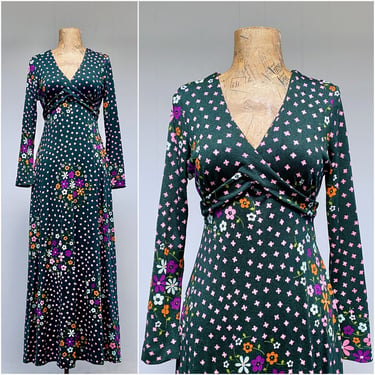Vintage 1970s Boho Floral A-Line Maxi Dress, 70s Empire Waist Forest Green Festival Gown, 