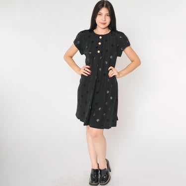 90s Black Mini Dress Embossed Polka Dot Pearl Button Up Dress Mini A-Line Short Sleeve Vintage Shift 1990s Small 6 