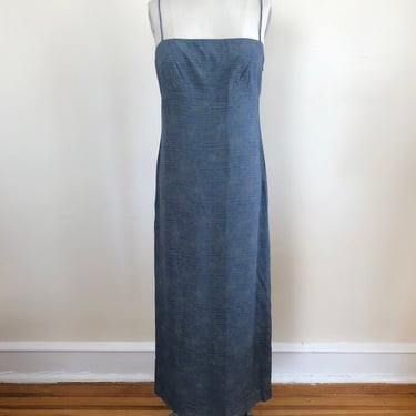 Blue and Gray Floral Print Maxi Dress with Square Neck - 1990s 