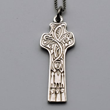 90's Celtic sterling St Patrick high cross, ASC Irish 925 silver pendant on box chain necklace 