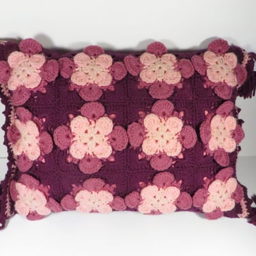Vintage Purple and Cream Crocheted Granny Square Pillow - Crocheted Pillow 