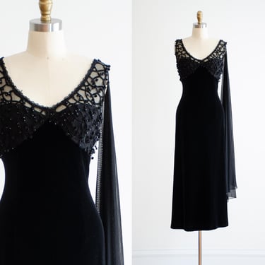 black velvet maxi dress 90s y2k vintage Papell Boutique tight evening gown 