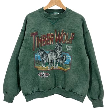 Vintage 90's Timber Wolf Nature Art Green Crewneck Sweatshirt Large