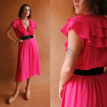 Vintage 80s Pink Ruffle Dress/ 1980s Deep V Neck Flutter Dress/ Fuchsia Dress/ Size Small Medium 