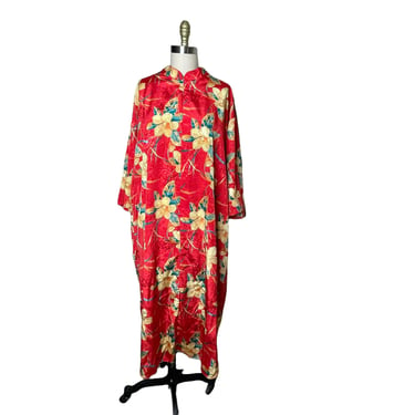 Vintage Lord & Taylor Muumuu Hippie Red Tropical floral Satin Caftan Housedress Maxi Zip Plus size 1x 