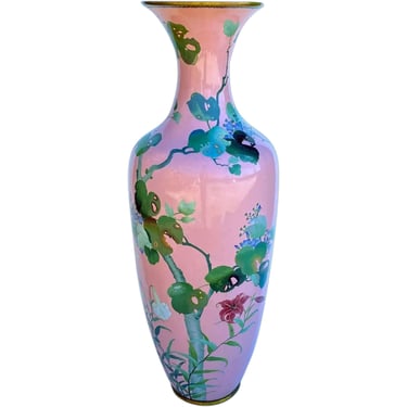 Large Japanese Cloisonee Enamel on Copper Pink Floor Vase