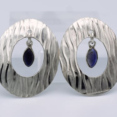 Mod 60's waved oval sterling amethyst studs, 925 silver purple navette beatnik dangle earrings 
