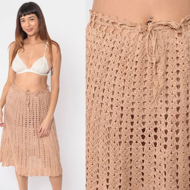Tan Crochet Skirt 70s Sheer Knit Midi Skirt Open Weave Boho Hippie Summer Festival Drawstring Waist Knee Length Vintage 1970s Small Medium 