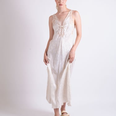 Vintage Christian Dior 1980s White Floral Lace Trimmed Keyhole Cutout Slip Dress with Side Slits XS S M 70s Nightgown Lingerie 