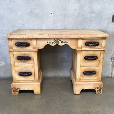 1929 Monterey Desk with Original Straw Ivory Finish + Floral Painting Accents