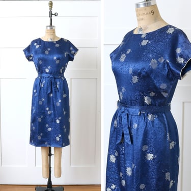 sz 8 vintage 1960s blue silk brocade dress • NOS deadstock peony floral cocktail dress • Mayfield Mall 'The Mandarin Shop' 