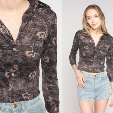 70s Floral Blouse Cropped Button Up Shirt Boho Crop Top Retro Collar Hippie Flower Print Long Sleeve Brown Vintage 1970s 2xs xxs 