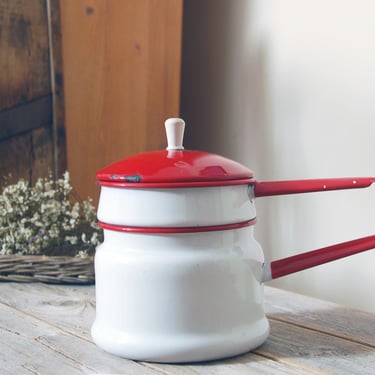 Vintage enamel double boiler / 6 inch white & red enamel pot with handle / rustic farmhouse kitchen / retro cookware / country cottage decor 