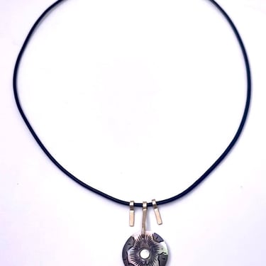 Antique Iridescent Button &amp; Leather Cord Necklace