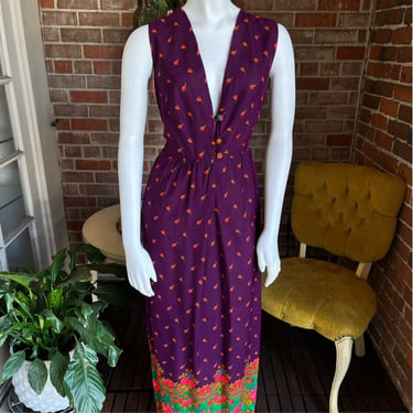 1970s Purple Roses Maxi Dress