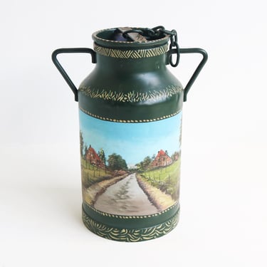 Elegant Vintage French Milk Can – Hand-Painted Countryside Scene, Rustic Farmhouse Decor 