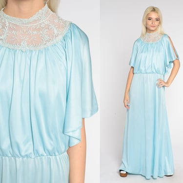 Grecian Maxi Dress 70s Blue Party Dress Floral Embroidered Lace High Neck Chic High Waist Cocktail Drape Gown Formal Vintage 1970s Large L 