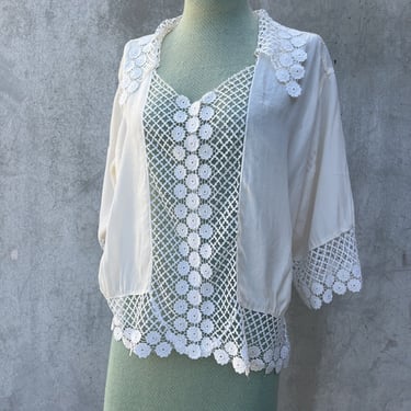 Antique Edwardian Silk Blouse Daisy Flower Lace Top 1900s Dress Bodice Vintage
